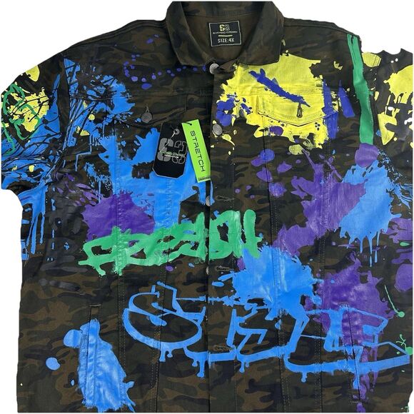 Sacred Crown Men's 4XL Painted Camo Jacket Battle - Graffiti Trucker NWT - Picture 1 of 10